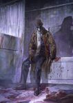  1boy ascot bath bathtub blood blood_on_clothes blood_on_ground curtains facing_down fedora gloves hat indoors inkblot male_focus mask rorschach scarf sitting taocan_shisi_hao trench_coat watchmen 