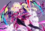  1girl adapted_costume blonde_hair fang flandre_scarlet grey_background hat highres holding holding_weapon laevatein_(touhou) mechanical_wings mob_cap one_side_up open_mouth pink_eyes raptor7 solo touhou weapon wings 