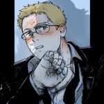  1boy bara black_suit blonde_hair blush collared_shirt dorohedoro ear_blush formal glasses highres male_focus necktie nore_(boosuke) parted_lips shin_(dorohedoro) shirt short_hair shy sideburns silhouette solo stitches suit sweatdrop undone_necktie upper_body 