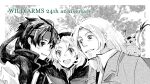  1girl 2boys ahoge anniversary cecilia_lynne_adelhyde creature greyscale hairband hanpan headband highres jack_van_burace looking_at_viewer monochrome multiple_boys open_mouth rody_roughnight short_hair smile vest wild_arms wild_arms_1 yokomosu 