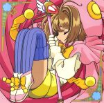  1girl absurdres bow brown_hair cape cardcaptor_sakura child closed_eyes gloves highres holding holding_wand kinomoto_sakura magical_girl official_art pink_cape pink_headwear solo wand white_gloves yellow_bow 