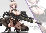  1girl akatsuki_akane animal_ears bare_shoulders black_leotard black_thighhighs breasts cameltoe character_name closed_mouth covered_navel fake_animal_ears gradient_background grey_background gun hair_over_one_eye high_heels highleg highleg_leotard highres holding holding_gun holding_weapon large_breasts leotard looking_at_viewer mole mole_under_eye one_eye_covered original purple_eyes rabbit_ears rifle short_hair simple_background sniper_rifle solo squatting thighhighs thighs trigger_discipline weapon white_hair wrist_cuffs zoom_layer 