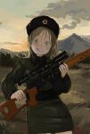  1girl belt black_belt black_headwear blue_eyes blue_sky cloud coat collared_coat collared_shirt commentary cowboy_shot dark_clouds dragunov_svd freckles fur-trimmed_shirt fur_hat fur_trim grass grasslands green_coat green_shirt gun hammer_and_sickle hat hat_ornament highres holding holding_gun holding_weapon kmusy_mp4 light_brown_hair long_hair looking_at_viewer medium_hair military_coat military_hat morning mountain muted_color nature open_mouth orange_sky original outdoors red_star rifle scope shirt sky smile sniper_rifle solo soviet star_(symbol) star_hat_ornament sunrise teeth ushanka weapon wispy_bangs 