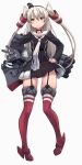  1girl amatsukaze_(kancolle) amatsukaze_kai_ni_(kancolle) blush garter_straps gloves grey_hair hair_between_eyes hair_tubes highres kantai_collection long_hair red_thighhighs rensouhou-kun rudder_footwear simple_background single_glove solo thighhighs tr-6 two_side_up white_background white_gloves yellow_eyes 