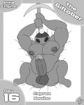  4:5 absurd_res annaengine anthro armor arthropod balls barefoot belly bent_legs big_penis border chubby_anthro chubby_male clothing digital_drawing_(artwork) digital_media_(artwork) english_text erection fan_character feet foreskin front_view genitals grey_border hair hands_above_head hat headgear headgear_only headwear helmet helmet_only hi_res holding_object hollow_knight humanoid_genitalia humanoid_penis insect lying male miner_helmet monochrome monotone_body mouthless nipples no_pupils nude on_back pecs penis pickaxe portrait raised_arms retracted_foreskin simple_background slightly_chubby solo spread_legs spreading team_cherry text thick_thighs white_background 