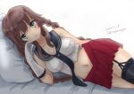  1girl asymmetrical_legwear black_necktie black_sailor_collar braid breasts brown_hair commentary_request dated garter_straps gloves green_eyes kantai_collection kitagawa_mikio large_breasts looking_at_viewer lying midriff navel necktie noshiro_(kancolle) on_side one-hour_drawing_challenge pillow pleated_skirt red_skirt sailor_collar school_uniform serafuku shirt simple_background single_thighhigh skirt sleeveless sleeveless_shirt solo swept_bangs thighhighs twin_braids twitter_username uneven_legwear white_background white_gloves 