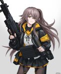  1girl :3 artist_name black_gloves black_jacket black_pantyhose black_skirt brown_eyes bullet closed_mouth fingerless_gloves girls&#039;_frontline gloves gun h&amp;k_ump45 holding holding_gun holding_magazine_(weapon) holding_weapon jacket long_hair long_sleeves looking_at_viewer magazine_(weapon) pantyhose scar scar_across_eye simple_background skirt solo submachine_gun sunao_(70_the) trigger_discipline ump45_(girls&#039;_frontline) weapon white_background yellow_eyes 