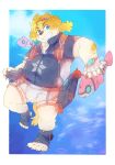  anthro belly blue_eyes canid canine canis clothing domestic_dog eyewear floppy_ears fur goggles grin harness hi_res hisaki_(live_a_hero) lifewonders live_a_hero machine male mammal open_toe_footwear ottyo_kope robot slightly_chubby smile solo swimwear yellow_body yellow_fur 
