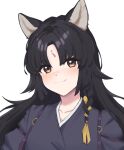  1girl animal_ears arknights black_hair black_kimono blush braid dog_ears japanese_clothes kimono long_hair looking_at_viewer radioneet saga_(arknights) single_braid smile solo upper_body yellow_eyes 