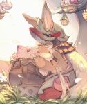  1other animal_ears brown_fur claws commentary_request creature ears_through_headwear fake_horns flower flower_pot furry grass half-closed_eyes hanging_plant helmet highres horizontal_pupils horned_helmet horns in_pot looking_at_another made_in_abyss mitty_(made_in_abyss) nanachi_(made_in_abyss) open_mouth other_focus outdoors petals pink_flower pouch profile puffy_pants red_eyes siki_00 standing tree whiskers white_flower white_hair yellow_eyes 