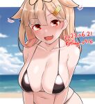  1girl bare_arms bare_shoulders beach bikini black_bikini black_ribbon blonde_hair blush breasts cleavage collarbone dated day fang furaggu_(frag_0416) hair_flaps hair_ribbon highres kantai_collection large_breasts long_hair motion_lines navel ocean one-hour_drawing_challenge open_mouth outdoors red_eyes ribbon skin_fang smile solo swimsuit twitter_username upper_body yuudachi_(kancolle) yuudachi_kai_ni_(kancolle) 