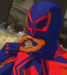  1boy artist_name blue_bodysuit blue_mask bodysuit commentary eating eating_a_bigass_onion_ring_(meme) english_commentary farevalee9s food highres holding holding_food male_focus marvel meme onion_rings photo-referenced photo_background red_bodysuit solo spider-man:_across_the_spider-verse spider-man_(2099) spider-man_(series) twitter_username two-tone_bodysuit upper_body 