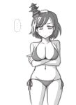  ... 1girl bikini breasts cleavage cowboy_shot crossed_arms greyscale hair_ornament headgear highres kantai_collection large_breasts looking_at_viewer monochrome side-tie_bikini_bottom solo spoken_ellipsis swimsuit tatahai yamashiro_(kancolle) 