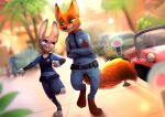  2023 anthro belt bloominglynx canid canine car clothing crossed_arms digital_media_(artwork) digitigrade disney duo female fox fur green_eyes hi_res judy_hopps lagomorph leporid male mammal nick_wilde parking_meter police_officer police_uniform purple_eyes rabbit uniform vehicle walking zootopia 