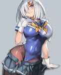  1girl bangs black_pantyhose blue_eyes breasts clothes_lift clothes_pull gloves grey_background grey_hair hair_ornament hair_over_one_eye hairclip hamakaze_(kancolle) hand_on_own_chest highres kantai_collection large_breasts looking_at_viewer neckerchief one-piece_swimsuit pantyhose pantyhose_under_swimsuit pleated_skirt sailor_collar school_uniform see-through see-through_shirt serafuku shirt_lift short_hair short_sleeves simple_background simplecar skirt skirt_pull smile swimsuit swimsuit_under_clothes white_gloves white_hair yellow_neckerchief 