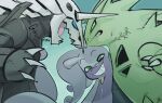  aggron ambiguous_gender anthro biped black_body blue_eyes claws generation_2_pokemon generation_3_pokemon generation_6_pokemon goodra goonie-san green_body green_eyes group hi_res nintendo open_mouth pokemon pokemon_(species) purple_body smile smirk trio tyranitar white_body 