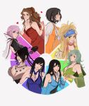  6+girls aerith_gainsborough armor bandana black_hair blonde_hair braid breasts cleavage color_wheel color_wheel_challenge detached_sleeves dress final_fantasy final_fantasy_iv final_fantasy_ix final_fantasy_vii final_fantasy_vii_remake final_fantasy_viii final_fantasy_x final_fantasy_x-2 final_fantasy_xiii garnet_til_alexandros_xvii heart highres in-franchise_crossover lightning_farron lightning_returns:_final_fantasy_xiii lulu_(ff10) multiple_girls pink_hair purple_dress red_dress rikku_(ff10) rinoa_heartilly rydia_(ff4) smile tifa_lockhart vanekairi 