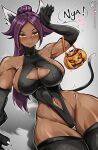  absurd_res almualim animal_humanoid bleach_(series) bodily_fluids breasts cat_humanoid cleavage clothed clothing dark_body dark_skin felid felid_humanoid feline feline_humanoid female hair hi_res humanoid legwear mammal mammal_humanoid purple_hair solo sweat thigh_highs yoruichi_shihoin 