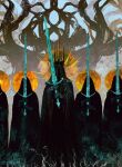  4boys anato_finnstark black_cloak cloak crown gauntlets holding holding_sword holding_weapon hood hood_up hooded_cloak long_sleeves male_focus multiple_boys nazgul outdoors standing sword the_lord_of_the_rings tolkien&#039;s_legendarium weapon witch_king_of_angmar 
