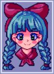  1990s_(style) 1girl blue_hair braid dithering green_eyes hair_ornament hair_ribbon lilian_duleroux long_hair looking_at_viewer pixel_art portrait red_ribbon retro_artstyle ribbon simple_background smile solo twin_braids twintails 