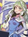  1girl :t aqua_eyes balloon banner bare_shoulders bead_necklace beads birthday_cake blonde_hair blue_dress blue_flower blue_rose breasts cake cake_slice candle candlelight carnation diana_cavendish dress eating elbow_gloves flower food food_on_face gloves hand_on_own_hip happy_birthday highres holding_utensil jewelry little_witch_academia long_hair looking_at_viewer madabau necklace off-shoulder_dress off_shoulder rose small_breasts solo wavy_hair white_gloves 