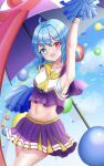  1girl absurdres alternate_costume arm_up balloon blue_eyes blue_hair blurry blurry_background cheerleader collarbone commentary_request crop_top heterochromia highres holding holding_pom_poms karakasa_obake light_blue_hair looking_at_viewer navel oekaki_iorin open_mouth outdoors pom_pom_(cheerleading) purple_skirt purple_umbrella red_eyes short_hair skirt smile solo tatara_kogasa tatara_kogasa_(sunshine-praying_umbrella) tongue touhou touhou_lost_word umbrella white_umbrella 