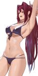  1girl :d arms_up bikini black_bikini breasts covered_nipples hair_intakes high_ponytail highres j@ck large_breasts long_hair navel open_mouth purple_hair red_eyes smile solo stomach swimsuit under_night_in-birth very_long_hair yuzuriha_(under_night_in-birth) 