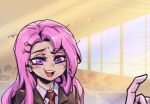  1girl :d battle_academia_katarina blush brown_jacket gloves hair_ornament hairclip indoors jacket katarina_(league_of_legends) league_of_legends long_hair messy_hair necktie phantom_ix_row pink_eyes pink_hair portrait red_necktie smile solo teeth tongue upper_teeth_only white_gloves window 