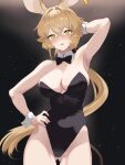  1girl absurdres alternate_costume animal_ears arknights arm_up armpits ass_visible_through_thighs bare_arms bare_shoulders black_background black_leotard blonde_hair breasts cleavage commentary_request cowboy_shot detached_collar dorothy_(arknights) dr.lamina hand_on_own_hip highres large_breasts leotard looking_at_viewer open_mouth solo standing strapless strapless_leotard wrist_cuffs yellow_eyes 