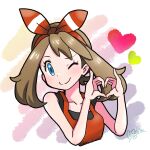  1girl ;) blue_eyes bow brown_hair eyelashes hair_bow heart heart_hands highres looking_at_viewer marie_(marie_cookie222) may_(pokemon) one_eye_closed pokemon pokemon_(game) pokemon_oras red_bow red_shirt shirt signature single_bare_shoulder sleeveless sleeveless_shirt smile solo upper_body 