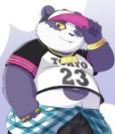  2023 alp_(tas) anthro bear belly big_belly black_nose clothing giant_panda hat headgear headwear hi_res hiroki33728 kemono lifewonders male mammal one_eye_closed overweight overweight_male purple_body shirt solo tokyo_afterschool_summoners tongue tongue_out topwear white_body wink young 