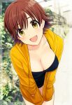  1girl :d absurdres black_dress breasts brown_hair cardigan cleavage collarbone cowboy_shot dress flipped_hair hands_in_pockets highres honda_mio hood hooded_sweater idolmaster idolmaster_cinderella_girls large_breasts looking_at_viewer open_cardigan open_clothes photo_background popon_ta short_hair smile solo sweater yellow_sweater 