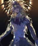  1boy arm_tattoo aztec blonde_hair blue_eyes braid facepaint fate/grand_order fate_(series) gold_necklace hair_ornament headdress jewelry long_hair looking_at_viewer male_focus necklace norai0813 shoulder_tattoo skull skull_hair_ornament smile solo tattoo tezcatlipoca_(fate) tezcatlipoca_(third_ascension)_(fate) topless_male traditional_clothes twin_braids upper_body 