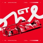  1998 camdebast car english_commentary highres japanese_flag le_mans_prototype michelin michelin_man monochrome motor_vehicle no_humans race_vehicle racecar real_life red_background red_theme shadow signature spoiler_(automobile) toyota toyota_gt-one vehicle_focus vehicle_name 