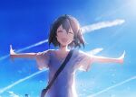  1girl ^_^ bag black_hair blue_sky bob_cut closed_eyes commentary contrail day english_commentary facing_viewer hair_between_eyes highres kaisei_(vocaloid) mixed-language_commentary open_mouth outdoors outstretched_arms shirt short_hair short_sleeves shoulder_bag sishenfan sky smile solo spread_arms t-shirt upper_body v-neck white_shirt 