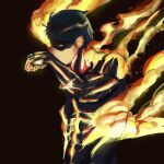  1boy agni_(fire_punch) arondiolex black_hair brown_background burn_scar burning fire_punch flaming_eye highres looking_at_viewer male_focus scar short_hair sideways_glance simple_background solo topless_male yellow_eyes 