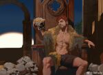  1boy abs bara bare_pectorals beard black_shorts coat facial_hair feet_out_of_frame fur_coat holding holding_skull jinhallz large_pectorals laurel_crown light_smile male_focus manspreading muscular muscular_male mustache no_nipples open_clothes open_coat original pectorals pile_of_skulls short_hair shorts sitting skull solo stomach throne 