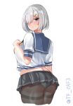  1girl black_pantyhose black_skirt blue_eyes blue_sailor_collar blush breasts from_behind gloves grey_hair hair_ornament hair_over_one_eye hairclip hamakaze_(kancolle) hand_on_own_chest highres kantai_collection large_breasts looking_at_viewer looking_back midriff_peek miniskirt neckerchief one-hour_drawing_challenge panties panties_under_pantyhose pantyhose pleated_skirt puckered_lips sailor_collar school_uniform serafuku short_hair short_sleeves skirt solo sweatdrop tf_cafe thighband_pantyhose twitter_username underwear white_background white_gloves yellow_neckerchief 