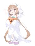  1girl absurdres alternate_costume blush_stickers brown_hair chipochopo324 commentary_request flower_(symbol) food full_body ghost_costume happy highres holding holding_food holding_pumpkin holding_vegetable hood hood_up jack-o&#039;-lantern long_hair looking_up loose_socks low_twintails mary_janes open_mouth pumpkin purple_eyes purple_footwear raised_eyebrows shoes simple_background sleeves_past_fingers sleeves_past_wrists smile socks solo trick-or-treating tsukuyomi_ai twintails vegetable very_long_hair voiceroid white_background white_socks 