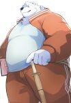  2023 absurd_res anthro bear belly big_belly black_nose bottomwear clothing fur hi_res humanoid_hands kemono male mammal noctnoc overweight overweight_male pants polar_bear shirt simple_background solo topwear ursine white_background white_body white_fur wooden_sword 