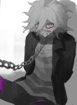  1boy absurdres arms_behind_back black_jacket blood chain collar collarbone danganronpa_(series) danganronpa_another_episode:_ultra_despair_girls drawn_whiskers fake_whiskers grey_hair hair_between_eyes highres jacket komaeda_nagito long_sleeves looking_at_viewer male_focus medium_hair messy_hair metal_collar open_clothes open_jacket pants pink_blood servant_(danganronpa) shirt sitting smile striped striped_shirt teeth watanabe_kawa 