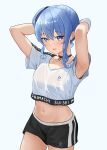  1girl absurdres armpits arms_up black_choker blue_eyes blue_hair breasts choker collarbone diptip high_side_ponytail highres hololive hololive_dance_practice_uniform hoshimachi_suisei looking_at_viewer midriff navel official_alternate_costume parted_lips short_shorts shorts simple_background small_breasts solo star_(symbol) star_in_eye stomach symbol_in_eye virtual_youtuber 