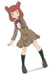  1girl arm_behind_back bianca_(pokemon_heroes) black_socks bow bowtie brown_eyes brown_footwear brown_hair brown_jacket brown_skirt closed_mouth commentary_request cosplay eyelashes flipped_hair full_body high-waist_skirt highres ia_(ilwmael9) jacket kneehighs long_sleeves pokemon pokemon_(anime) pokemon_(classic_anime) pokemon_heroes:_latios_&amp;_latias pokemon_horizons school_uniform shirt shoes skirt smile socks solo standing two_side_up white_background white_shirt 