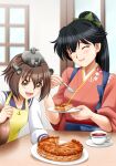  2girls anchor_symbol apron black_hair blurry brown_eyes brown_hair closed_eyes commentary_request cup depth_of_field dress eating food fork houshou_(kancolle) japanese_clothes kantai_collection kimono looking_at_viewer majin_go! multiple_girls pie pink_kimono ponytail sailor_dress saucer short_hair teacup teeth upper_body window yellow_apron yukikaze_(kancolle) 