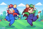  2023 3:2 animal_crossing anthro block brown_body clothing cosplay duo eulipotyphlan fangs female guywiththepie hedgehog hi_res lidded_eyes luigi mabel_able mammal mario mario_bros nintendo open_mouth outside overalls sable_able signature slightly_chubby slightly_chubby_female smile teeth thick_thighs 