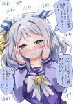  animal_ears blue_eyes blush breasts closed_mouth collarbone grey_hair hands_on_own_cheeks hands_on_own_face hishi_miracle_(umamusume) horse_ears horse_girl horse_tail looking_at_viewer medium_breasts medium_hair nodachi_(artist) portrait ribbon school_uniform simple_background tail tracen_school_uniform translated umamusume white_background 