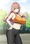  1girl bare_arms bare_shoulders black_pants blush breasts brown_hair bubble_tea commentary_request drinking highres large_breasts long_hair looking_at_viewer midriff navel orange_eyes orange_sports_bra original outdoors pants sky-freedom sleeveless solo sports_bra standing thighs 