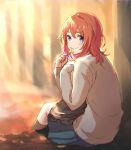  1girl autumn bag black_socks blue_eyes blue_skirt blurry blurry_background blush brown_hair day handbag highres holding holding_leaf kneehighs leaf long_hair long_sleeves looking_at_viewer looking_back mizu_no outdoors sitting skirt smile socks solo sunlight sweater 