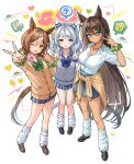  3girls ? alternate_costume animal_ears black_hair blue_eyes blush breasts brown_hair collarbone commentary double_v emoji fine_motion_(umamusume) full_body green_eyes grey_hair gyaru hair_ornament hairclip highres hishi_miracle_(umamusume) horse_ears horse_girl horse_tail iro_178 jewelry large_breasts looking_at_viewer medium_breasts multiple_girls necklace one_eye_closed open_mouth school_uniform shoes simple_background standing symbol-only_commentary symboli_kris_s_(umamusume) tail umamusume v white_background 
