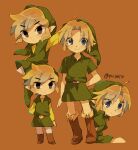  1boy artist_name blue_eyes brown_background brown_footwear closed_mouth full_body green_headwear instrument link looking_at_viewer multiple_persona ocarina pointy_ears shirt simple_background smile the_legend_of_zelda the_legend_of_zelda:_the_wind_waker tokuura upper_body young_link 